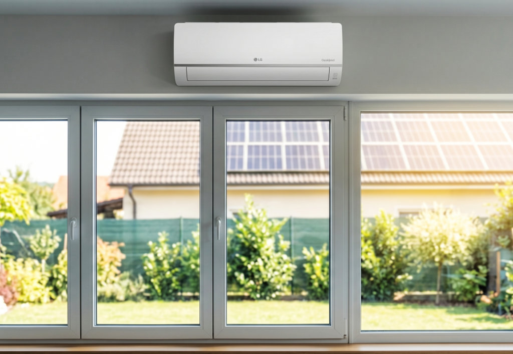 Bílá nástěnná klimatizace LG v moderním rodinném domě s prosklením a výhledem na fotovoltaické panely.